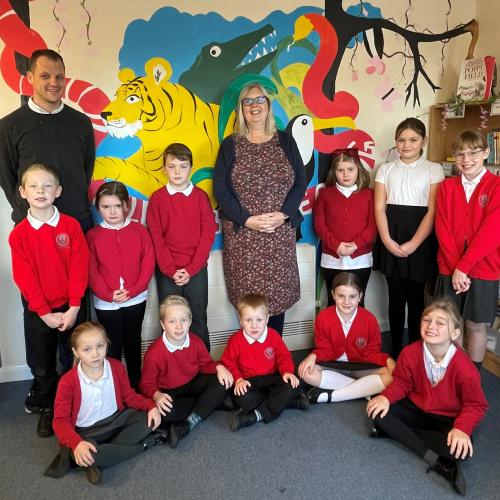 Steven Jeal, Head of School and Vicky Allen, Executive Headteacher, with pupils.jpg