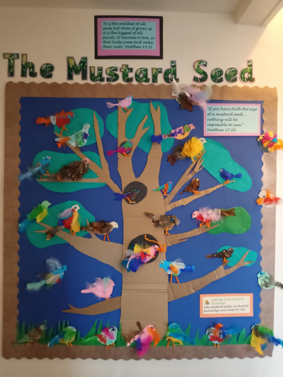 Bedfield CofE Primary School's display of the school vision based on the parable of the mustard seed