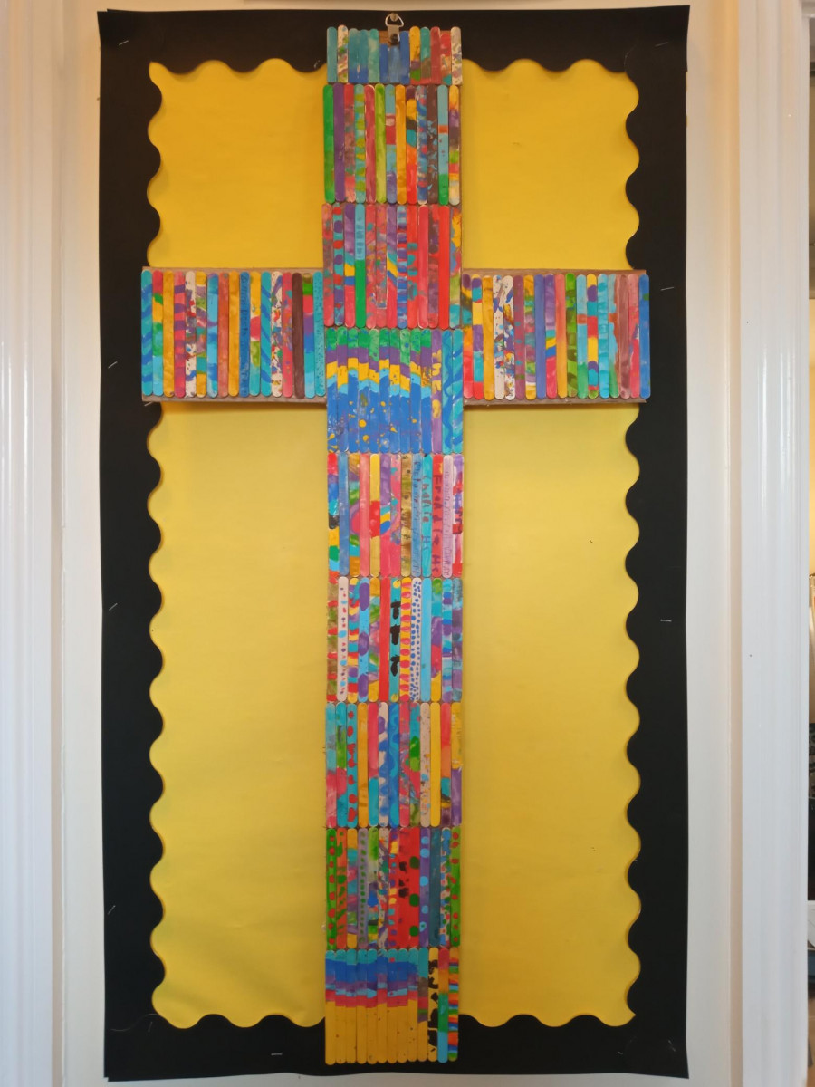 Bedfield CofE Primary School display of the Cross using lollipop sticks